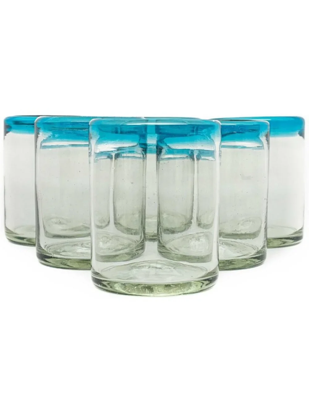Rustic Hand-Blown Aquamarine Rim Tumblers - Set of 6 Recycled Bubble Glasses